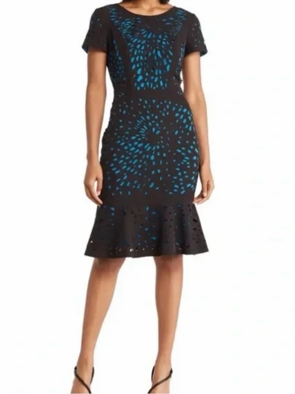 Black Midi Dress with Teal Laser-Cut Detailing